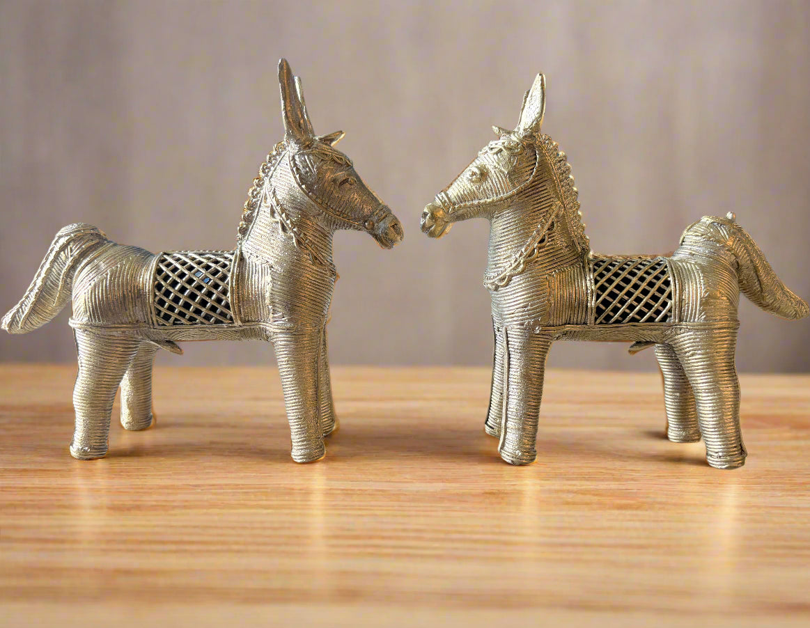 Large Brass Horse Figurines – Handmade Dokra Pair from Odisha - ArtisanSoul