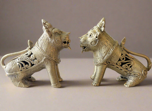 Handmade Brass Lion Pair – Dokra Tribal Art Set from Odisha - ArtisanSoul