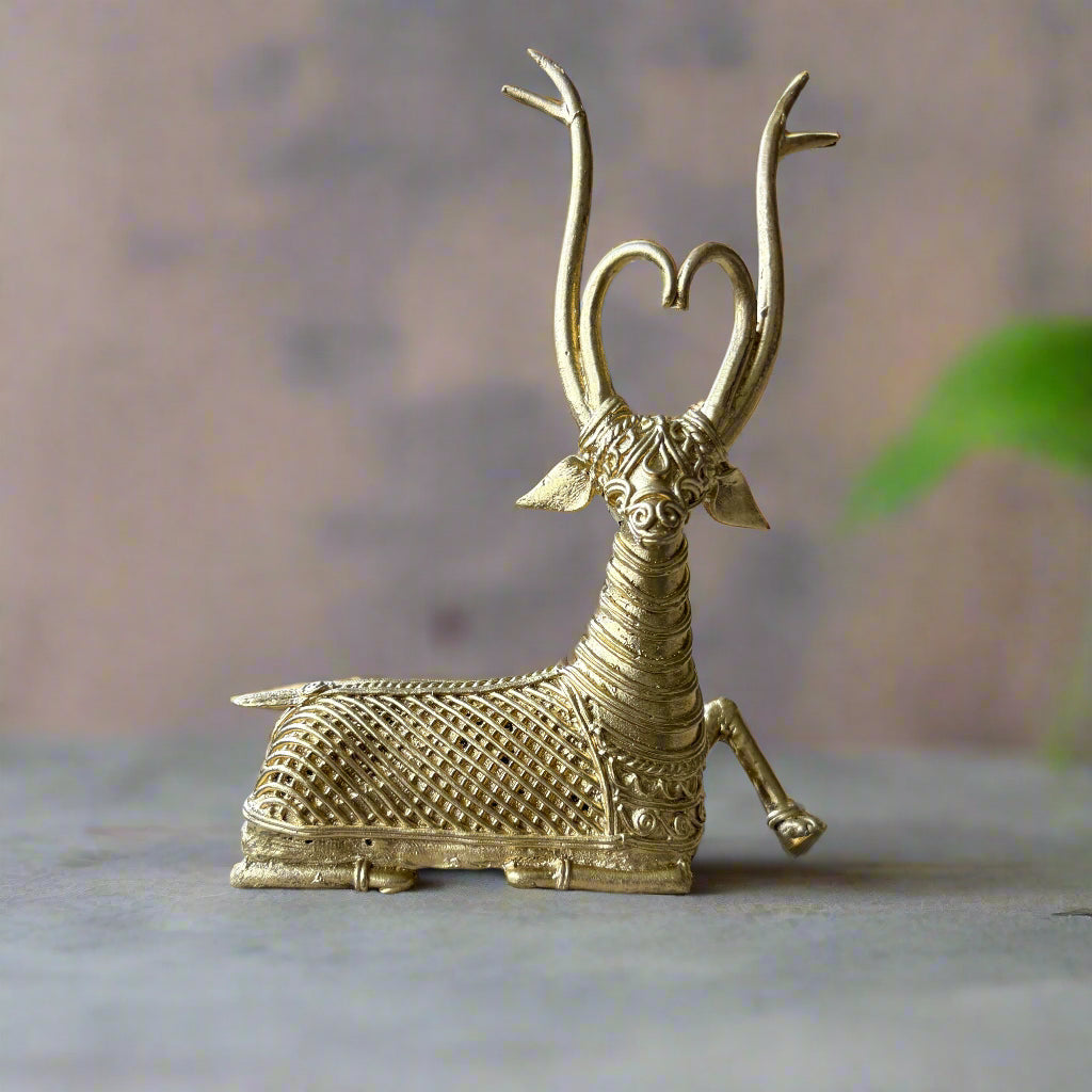 Medium Dokra Brass Deer Figurine – Handcrafted Tribal Art from Bengal - ArtisanSoul