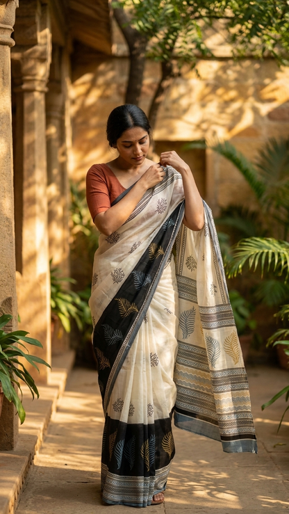 Woman wearing elegant ivory and black handcrafted Gajji Silk Saree