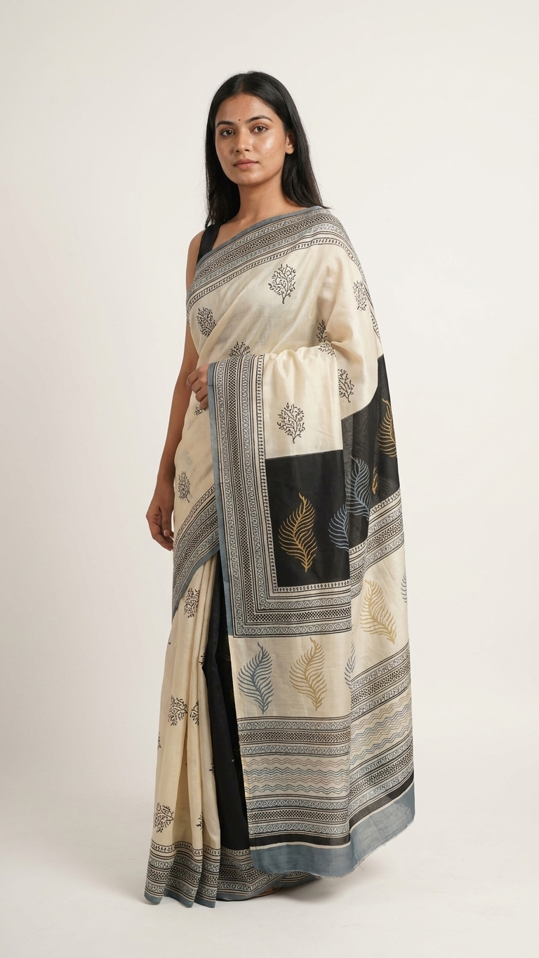 Woman wearing elegant ivory and black handcrafted Gajji Silk Saree