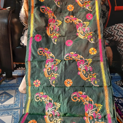 Blended Silk Kantha Stitch Stole – Handmade Embroidered Wrap - ArtisanSoul