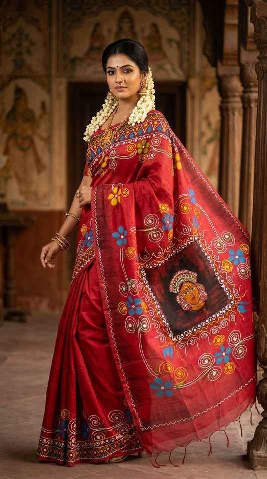 Woman wearing handcrafted red hand-painted Batik handloom saree with folk art motifs