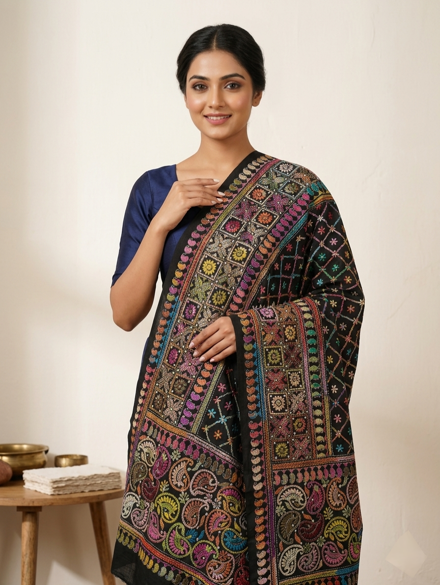 A woman wearing a colorful, patterned scarf on a plain background. Handcrafted Multicolour Premium Kantha Stitch Stole – Black Base Ethnic Wrap