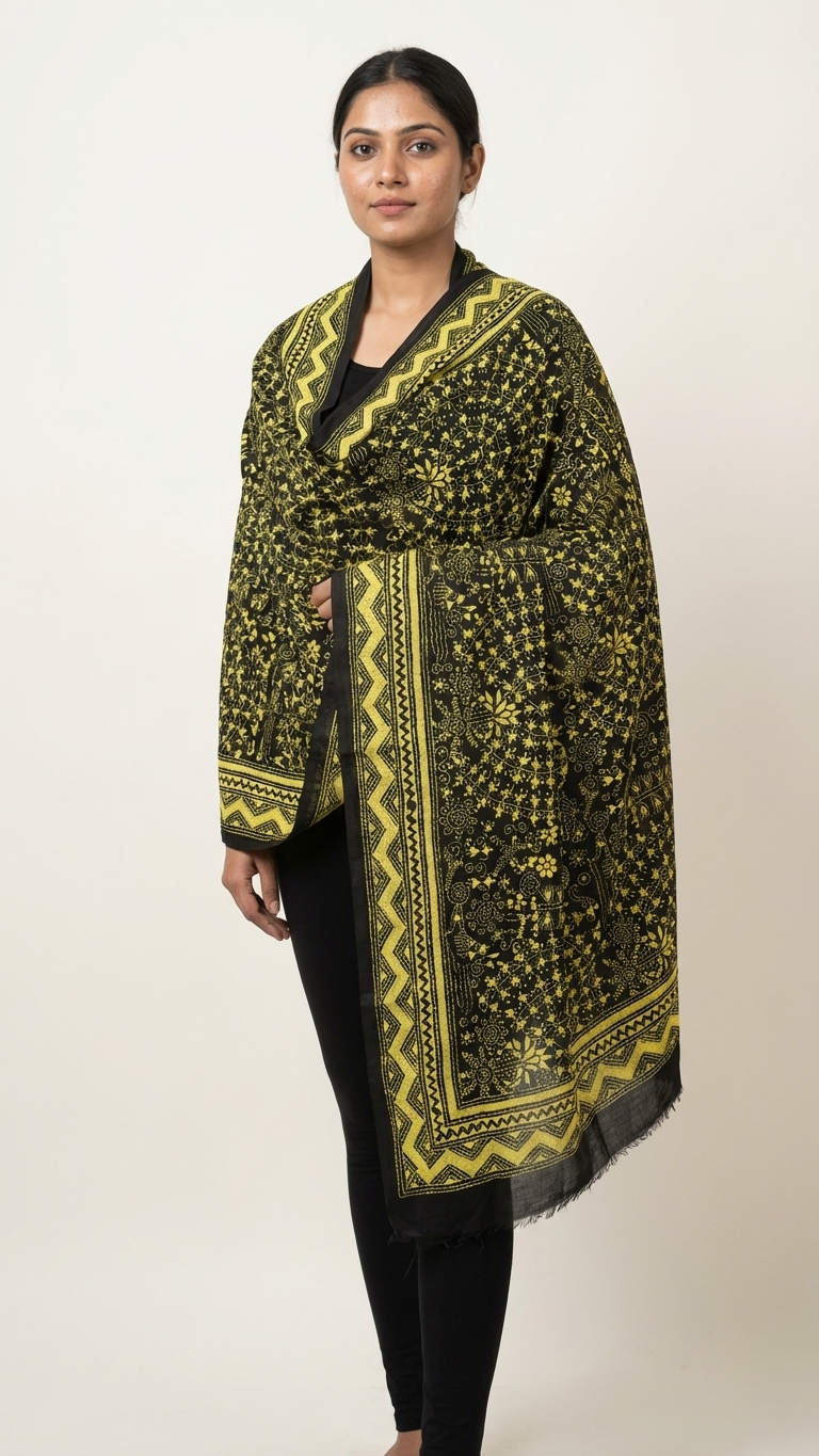Handcrafted Premium Kantha Stitch Stole – Black & Mustard Ethnic Design