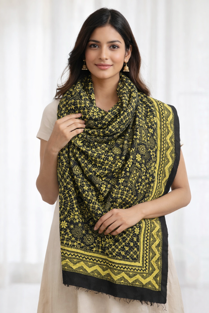Handcrafted Premium Kantha Stitch Stole – Black & Mustard Ethnic Design