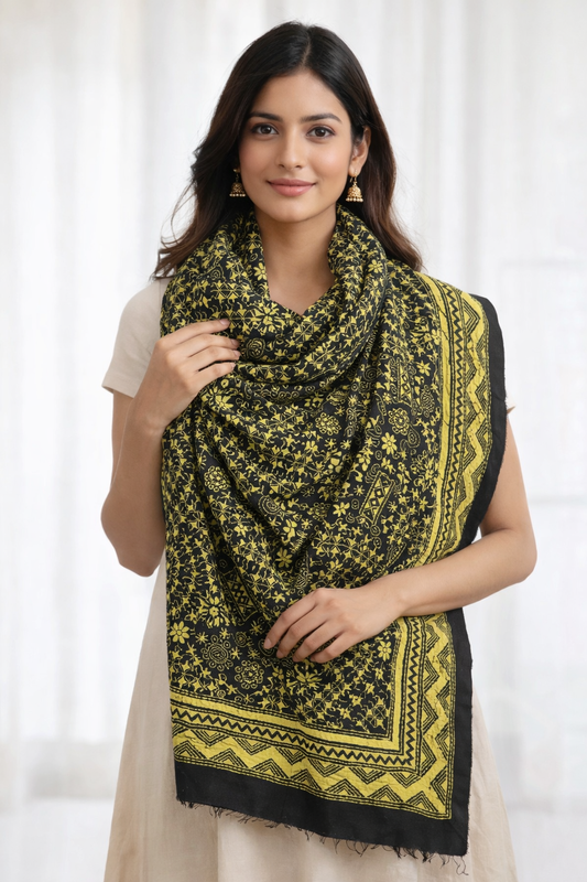Handcrafted Premium Kantha Stitch Stole – Black & Mustard Ethnic Design