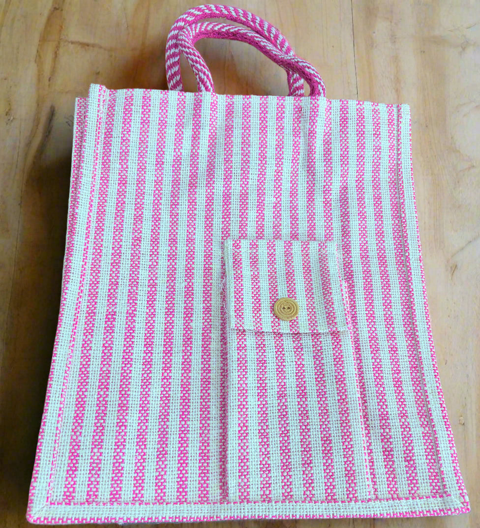 Pink Jute Multipurpose Bag with Extra Pocket – Striped Eco-Friendly Tote - ArtisanSoul