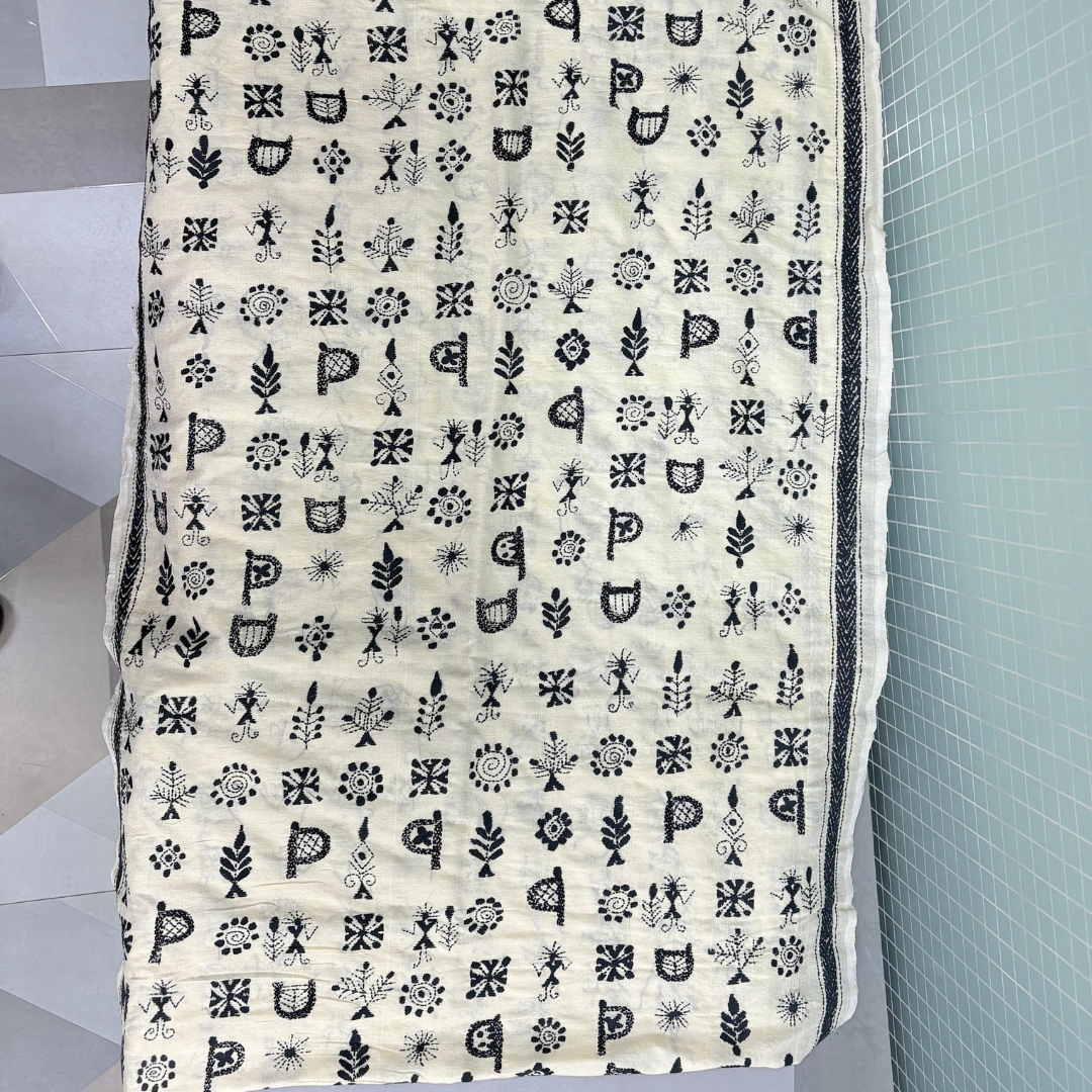 Kantha Embroidered Tussar Silk Stole for Women – Handloom Monochrome Scarf - ArtisanSoul