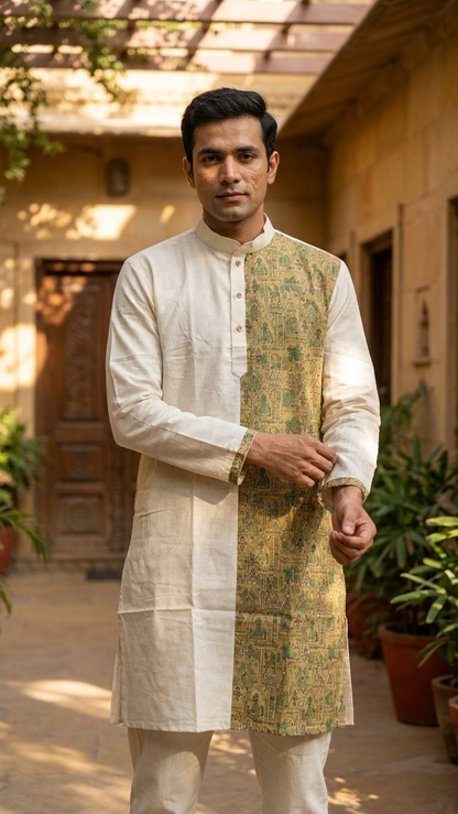 Men wearing handcrafted Madhubani print cotton kurta in ivory ethnic design