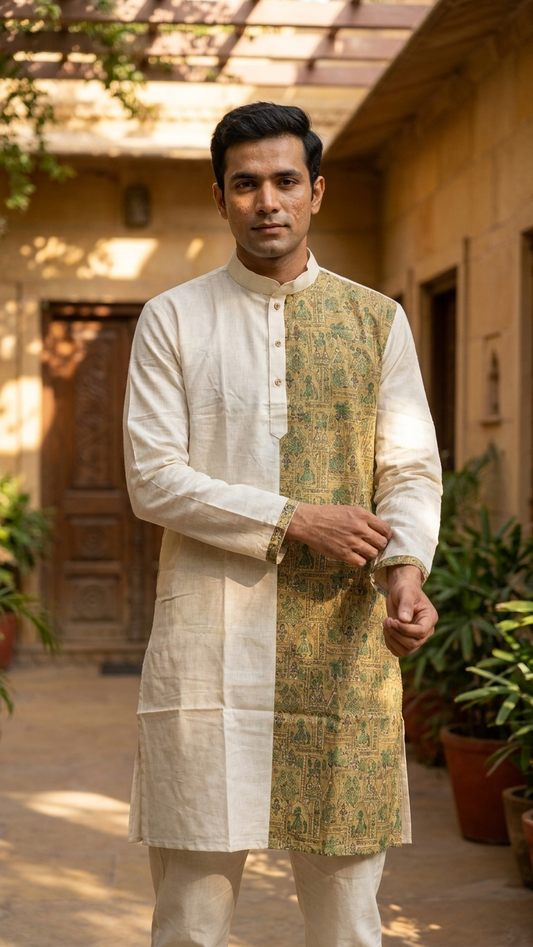 Men wearing handcrafted Madhubani print cotton kurta in ivory ethnic design