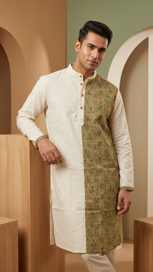 Men wearing handcrafted Madhubani print cotton kurta in ivory ethnic design