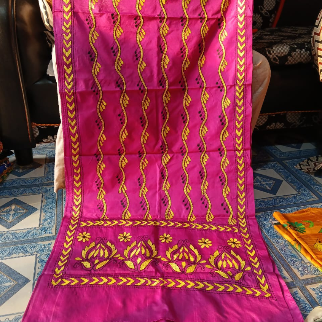 Blended Silk Kantha Stitch Stole – Handmade Embroidered Wrap - ArtisanSoul