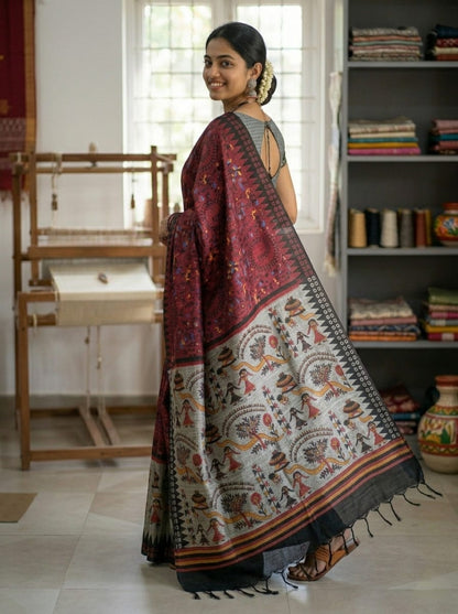 Maroon Madhubani Print Saree with Cream Artistic Pallu