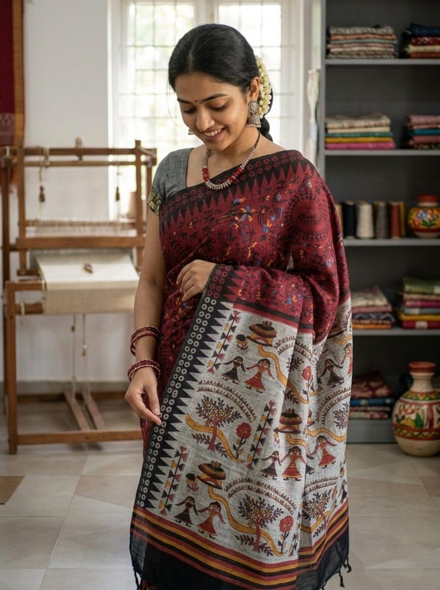 Maroon Madhubani Print Saree with Cream Artistic Pallu Saree
