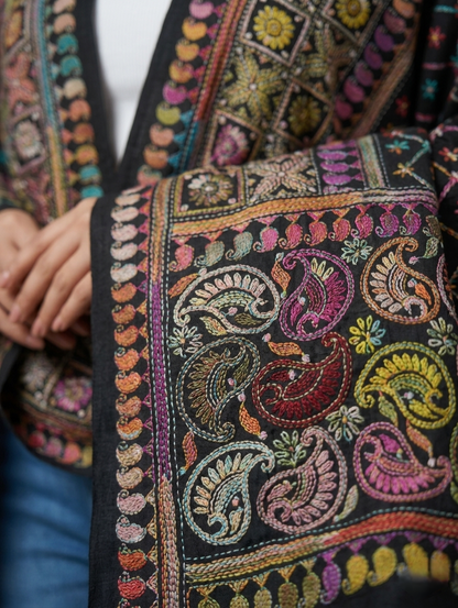 Close-up of a colorful embroidered garment with intricate patterns.