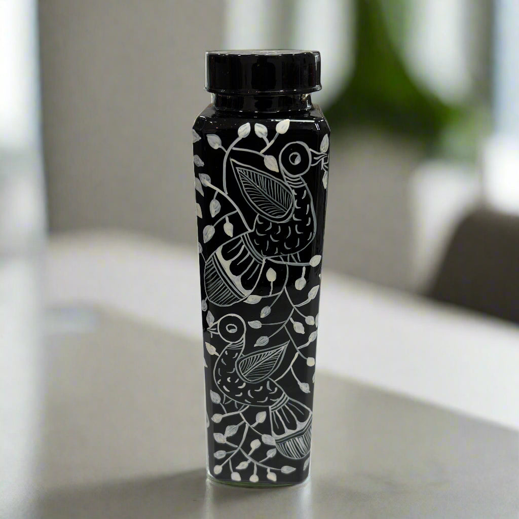 Pattachitra handpainted 1 litre glass water bottle eco-friendly artisan craft