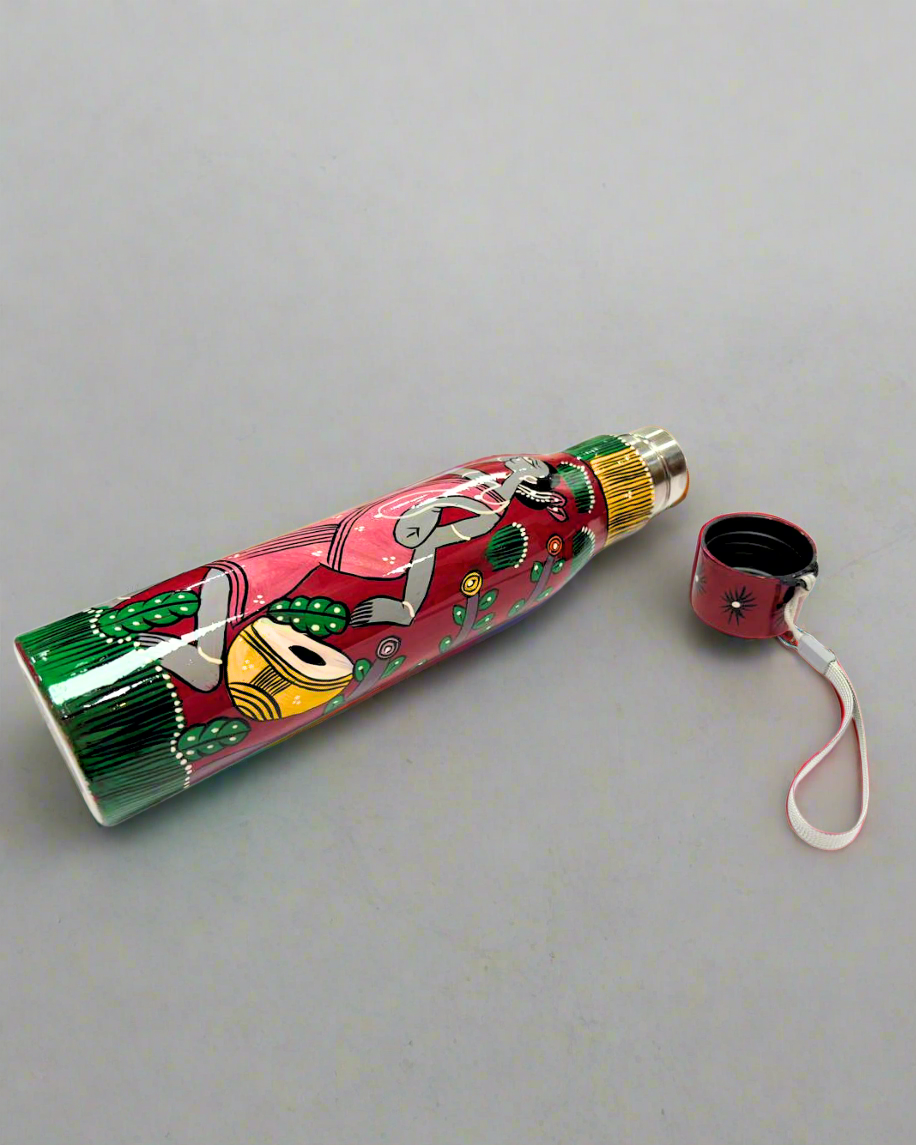 Pattachitra handpainted 1 litre steel water bottle from Bengal, eco-friendly sustainable artware