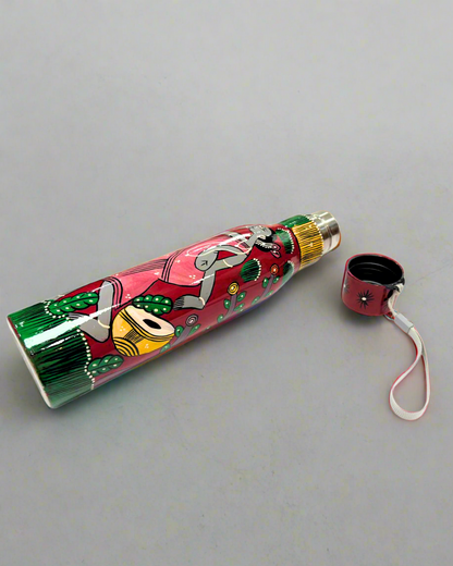 Pattachitra handpainted 1 litre steel water bottle from Bengal, eco-friendly sustainable artware