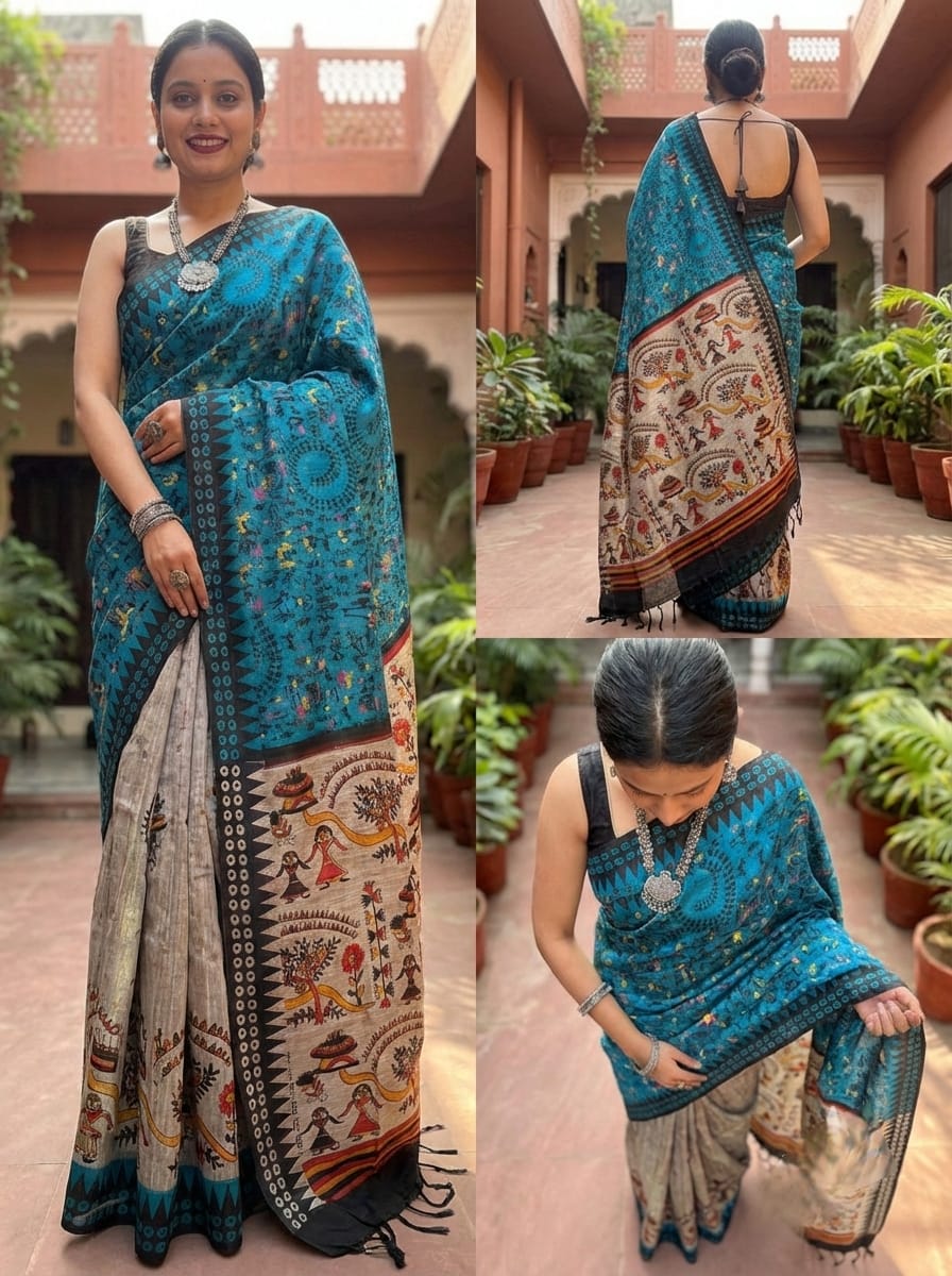 Celebrate timeless Indian artistry with this stunning&nbsp;Peacock Blue Madhubani Print Saree. 