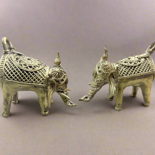 Dokra Brass Elephant Pair – Jaali Work Handcrafted in Bengal - ArtisanSoul
