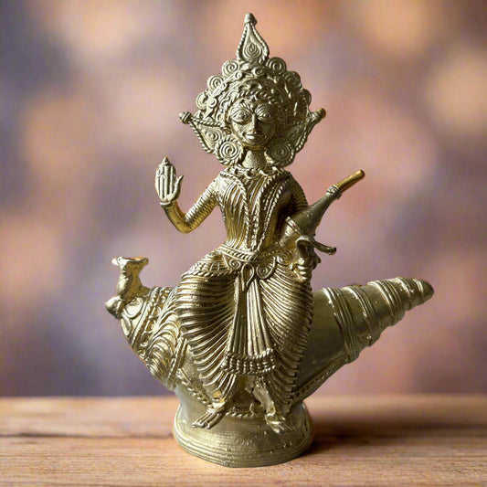 Dokra Brass Laxmi Idol on Conch – Handcrafted in Bankura - ArtisanSoul