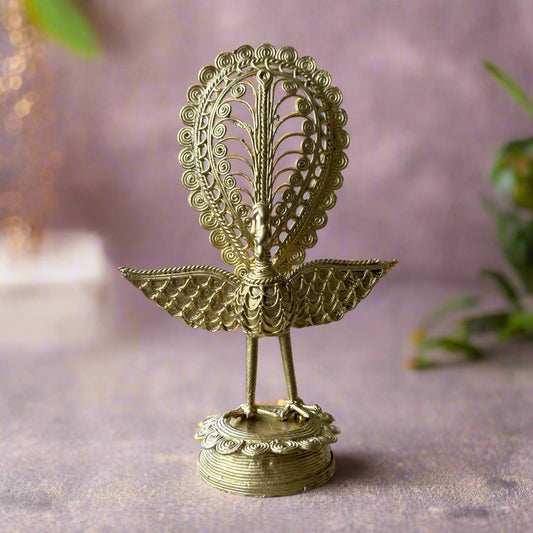 Dokra Medium Brass Peacock – Handcrafted Standing Figurine from Bankura - ArtisanSoul