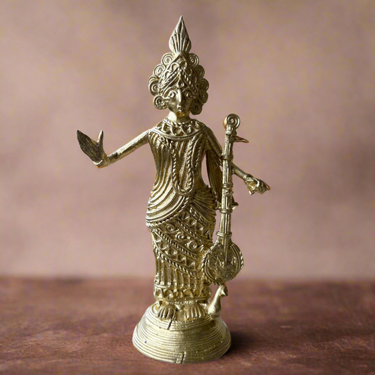 Medium Dokra Brass Saraswati Idol – Handcrafted in Bankura - ArtisanSoul
