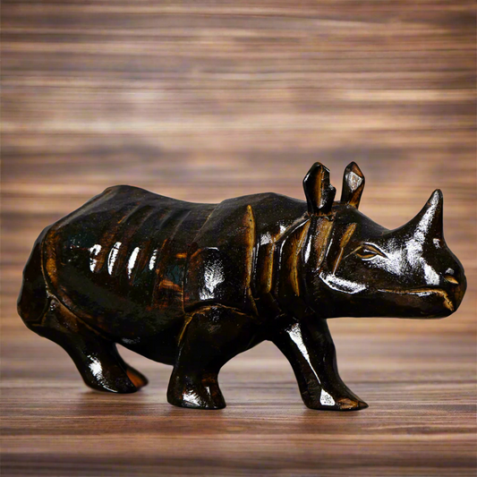 Wooden Rhino Figurine – Handcarved Assam Art in Dark Brown - ArtisanSoul