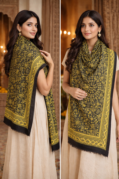 Handcrafted Premium Kantha Stitch Stole – Black & Mustard Ethnic Design