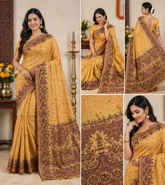 Mustard Pure Silk Saree with Maroon Border and Traditional Pallu Design
