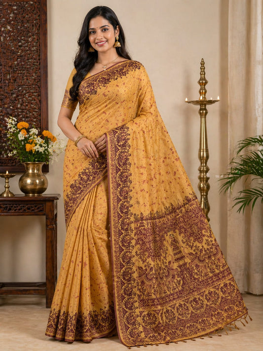 Mustard Pure Silk Saree with Maroon Border and Traditional Pallu Design