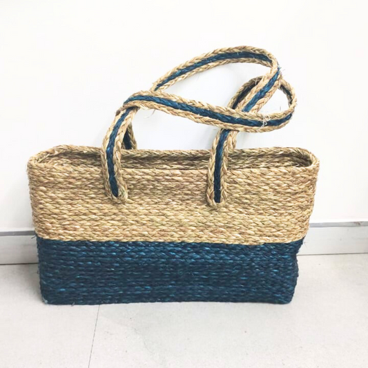 Hand bag of Sabai Grass from Bengal - Blue  & Natural