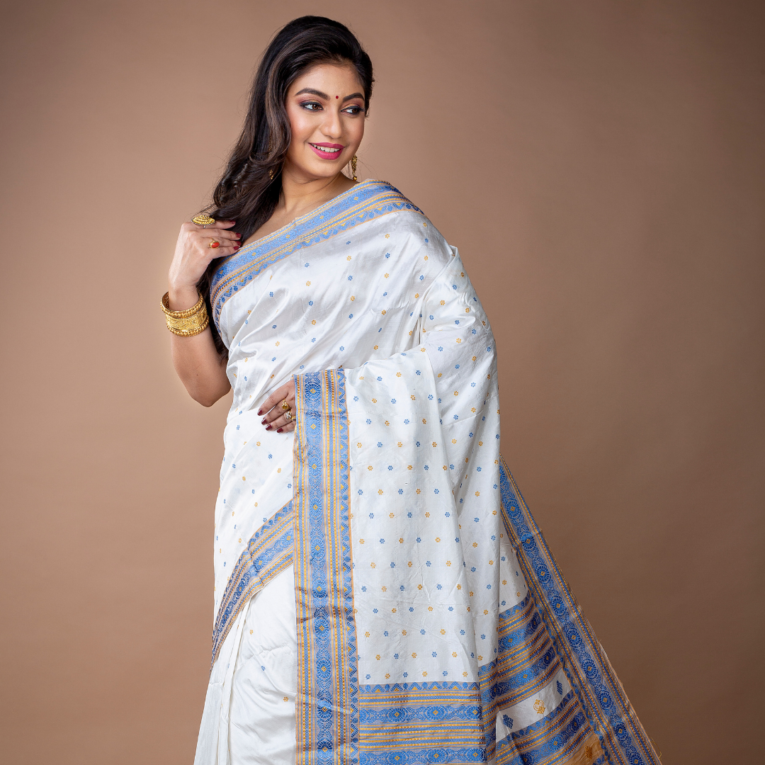 Assam Silk Saree - White with Blue and Yellow thread Work