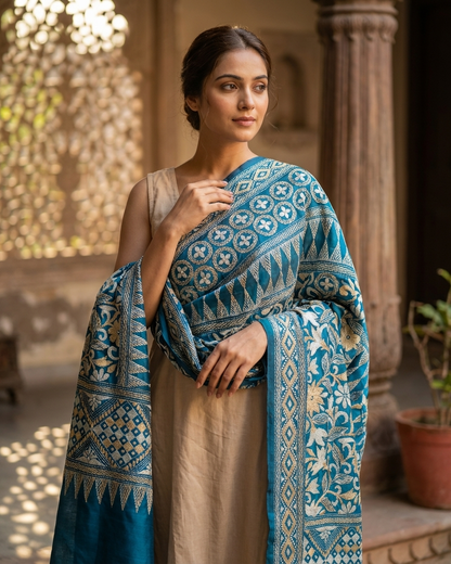 Add a touch of elegance to your wardrobe with this stunning Royal Blue Kantha Stitch Stole, beautifully adorned with intricate gold-toned embroidery. Designed with a harmonious blend of floral and geometric patterns, this handcrafted piece reflects timeless Indian artistry and refined craftsmanship.
