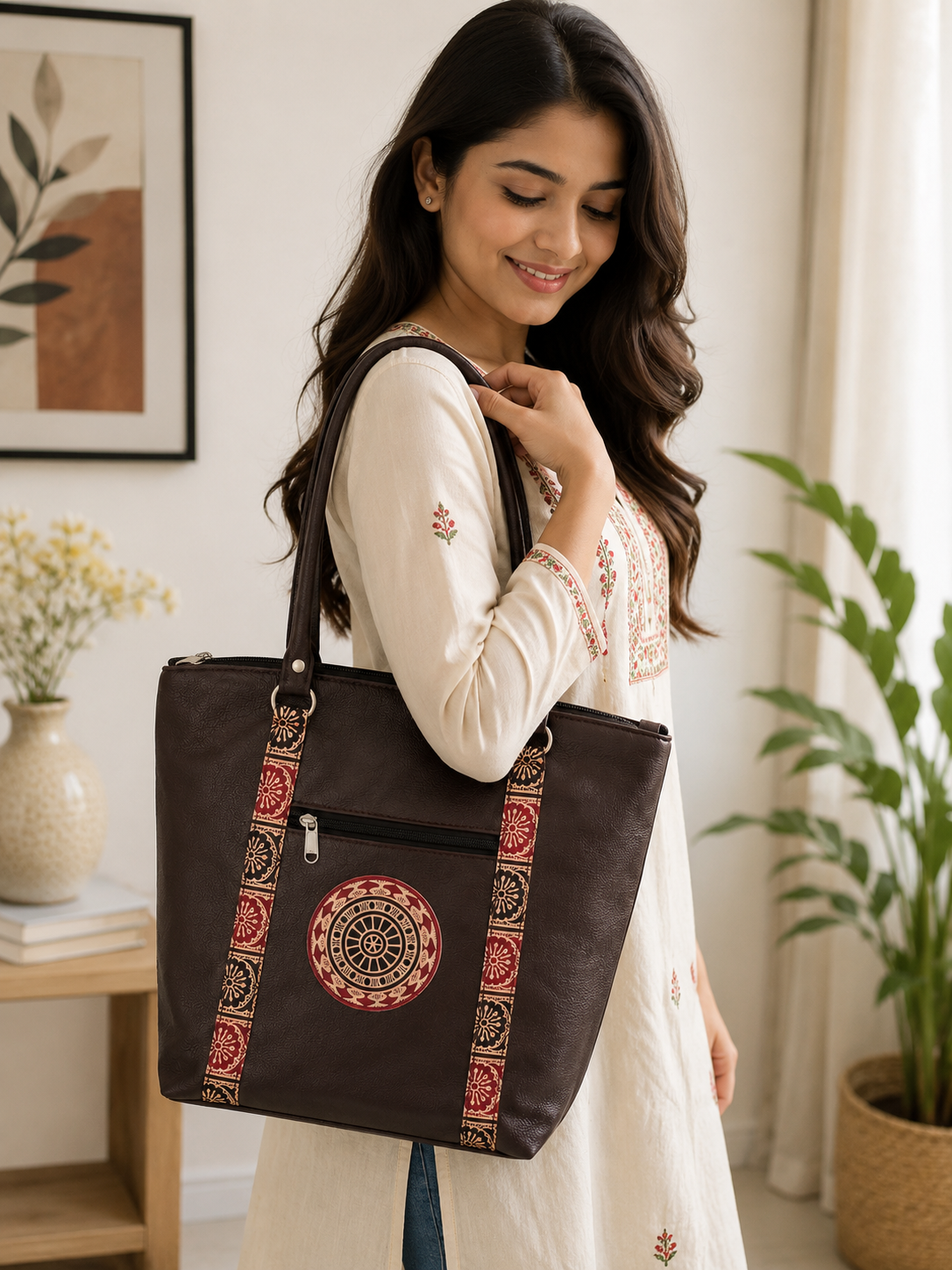 Hand embossed Shantiniketan leather brown tote and handbag set for women