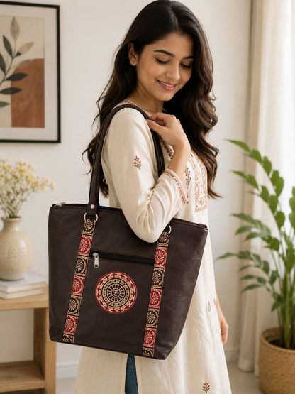 Hand embossed Shantiniketan leather brown tote and handbag set for women