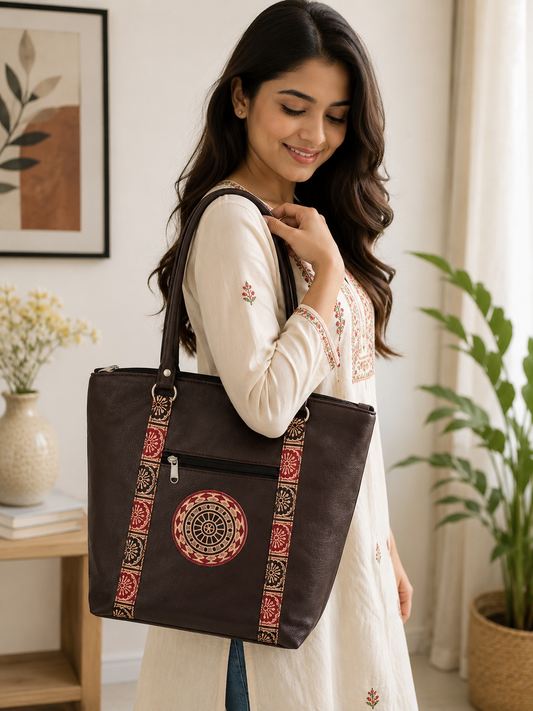 Hand embossed Shantiniketan leather brown tote and handbag set for women