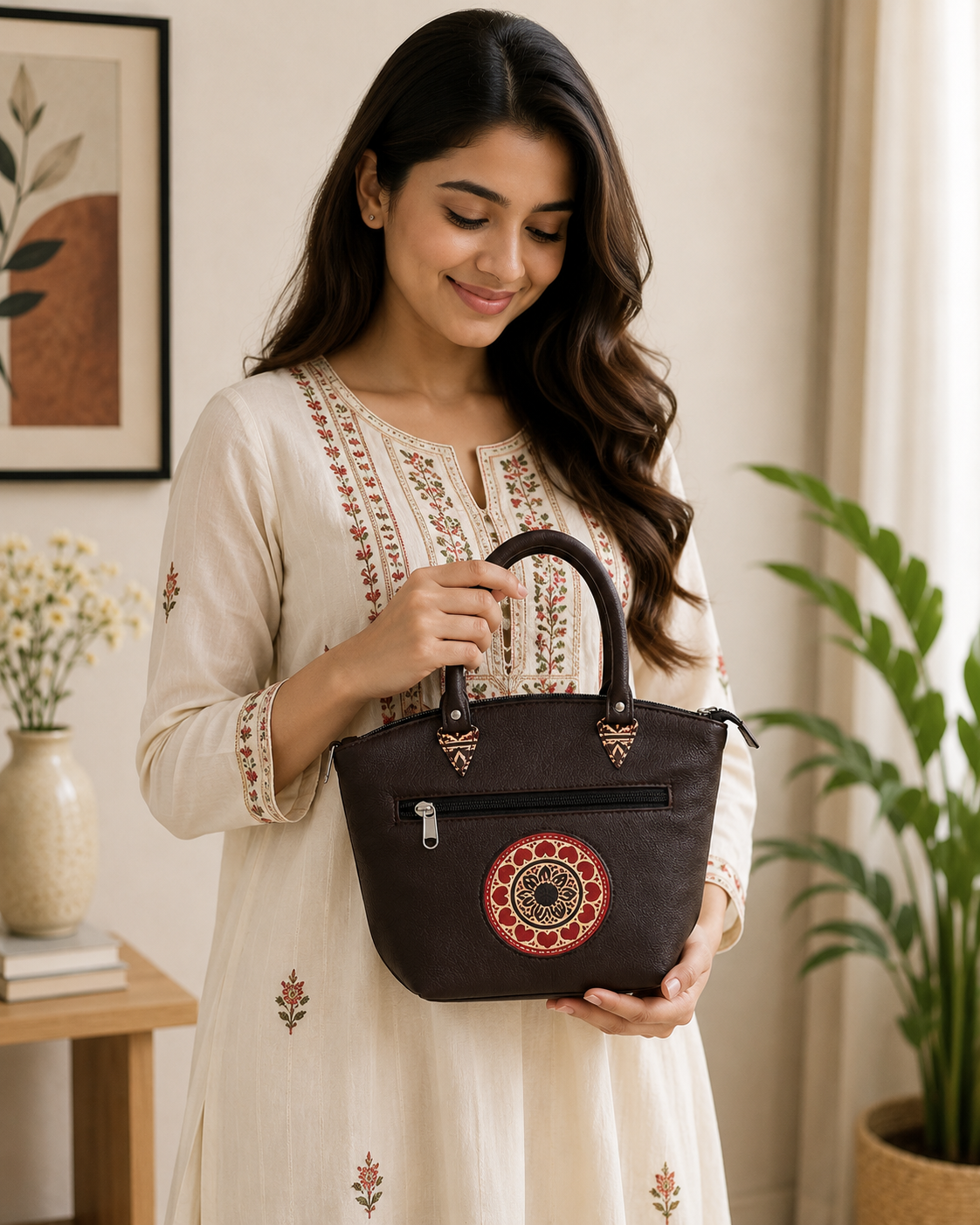 Hand embossed Shantiniketan leather brown tote and handbag set for women