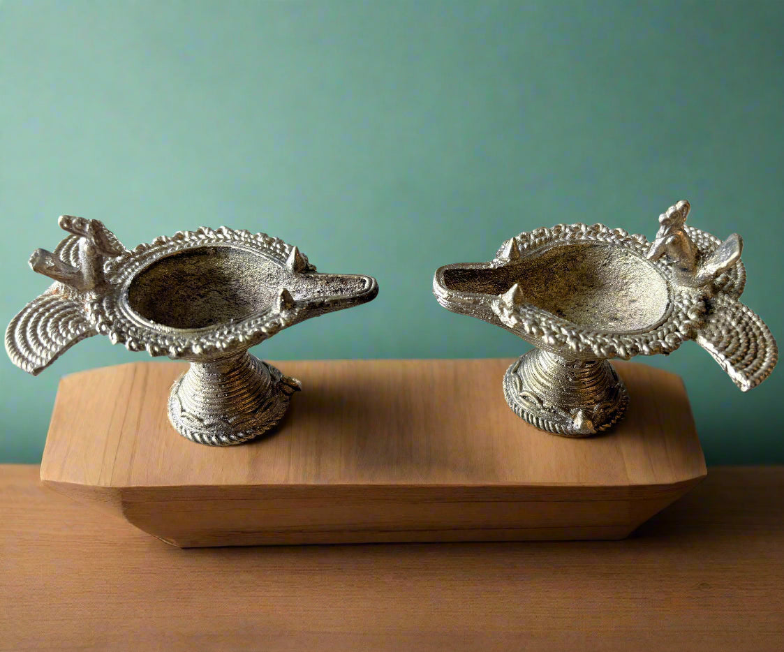Small Dokra Brass Diya Set – Handmade Tribal Oil Lamps from Odisha - ArtisanSoul