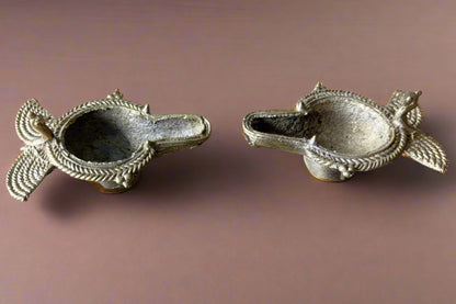 Small Dokra Brass Standing Diya Set – Handmade Oil Lamps from Odisha - ArtisanSoul