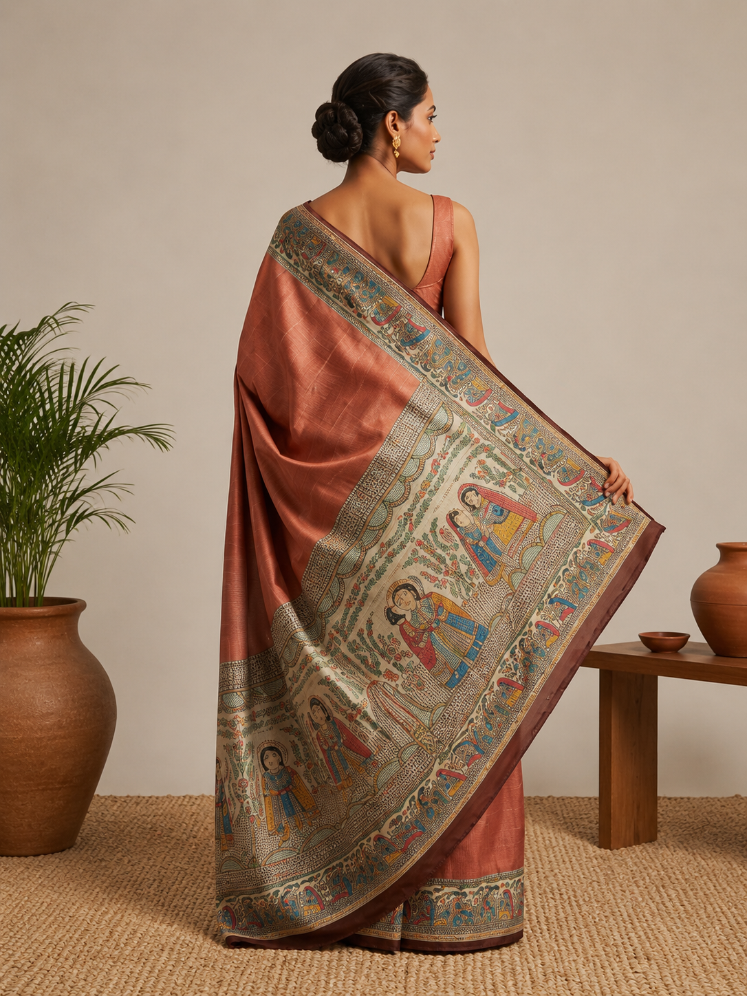 Woman wearing handcrafted Tussar Silk Kalamkari Saree with Madhubani folk art border