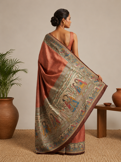 Woman wearing handcrafted Tussar Silk Kalamkari Saree with Madhubani folk art border