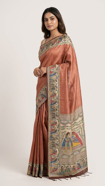 Woman wearing handcrafted Tussar Silk Kalamkari Saree with Madhubani folk art border