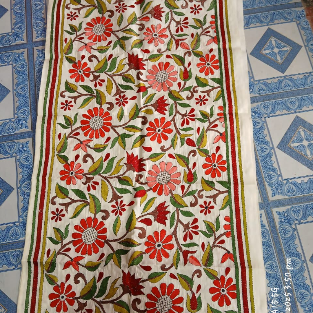 Mixed Tussar Silk Embroidered Stole for Women – Handloom Dupatta with Floral Design - ArtisanSoul
