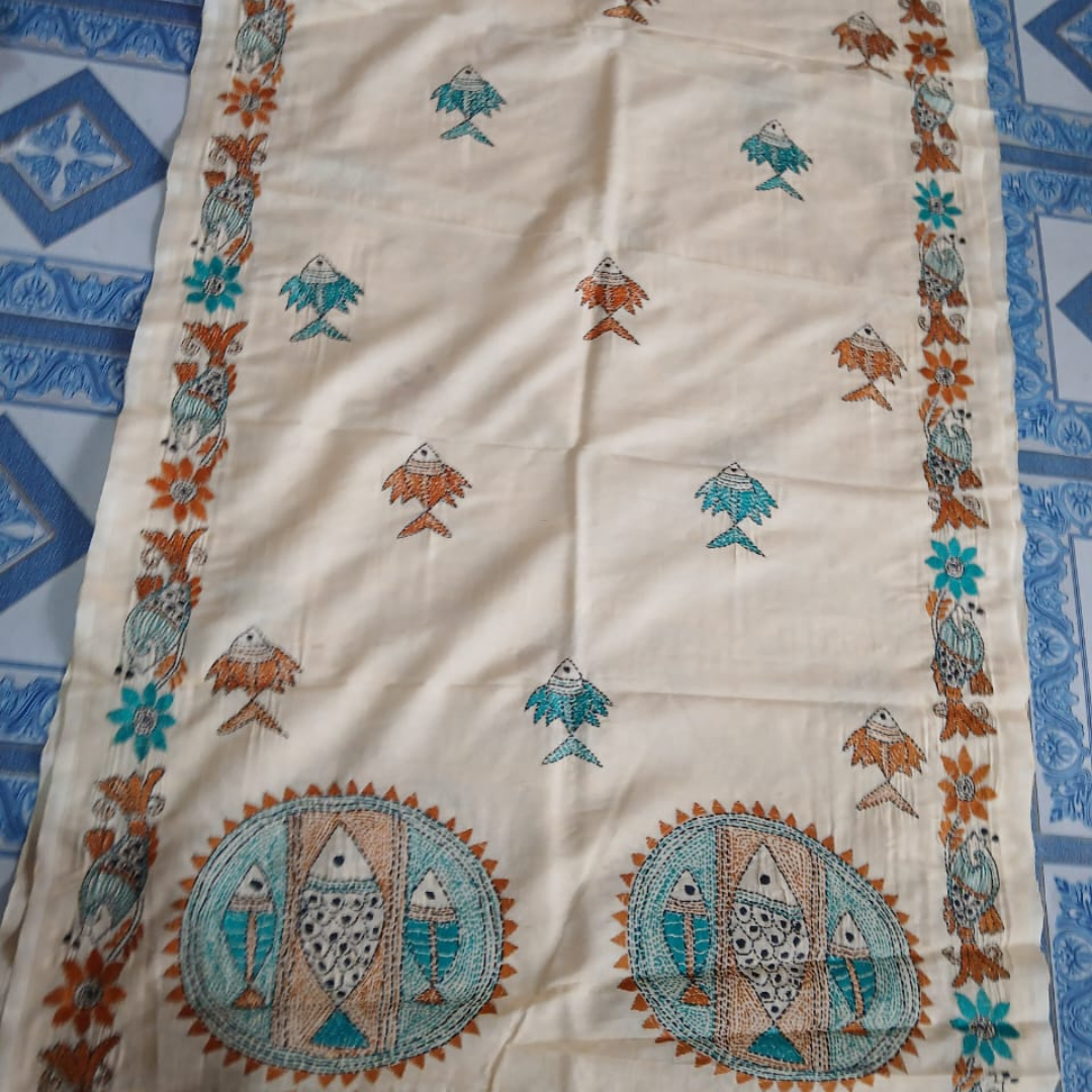 Mixed Tussar Silk Embroidered Stole for Women – Handloom Dupatta with Floral Design - ArtisanSoul