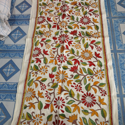 Mixed Tussar Silk Embroidered Stole for Women – Handloom Dupatta with Floral Design - ArtisanSoul