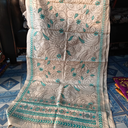 Blended Silk Kantha Stitch Stole – Handmade Embroidered Wrap - ArtisanSoul
