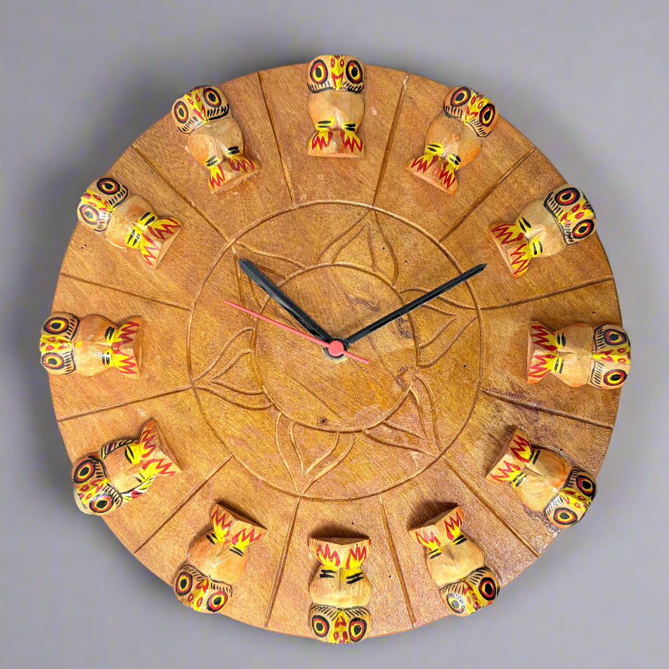 Wooden Wall Clock with Owl – Handcrafted Good Luck Decor for Living Room - ArtisanSoul