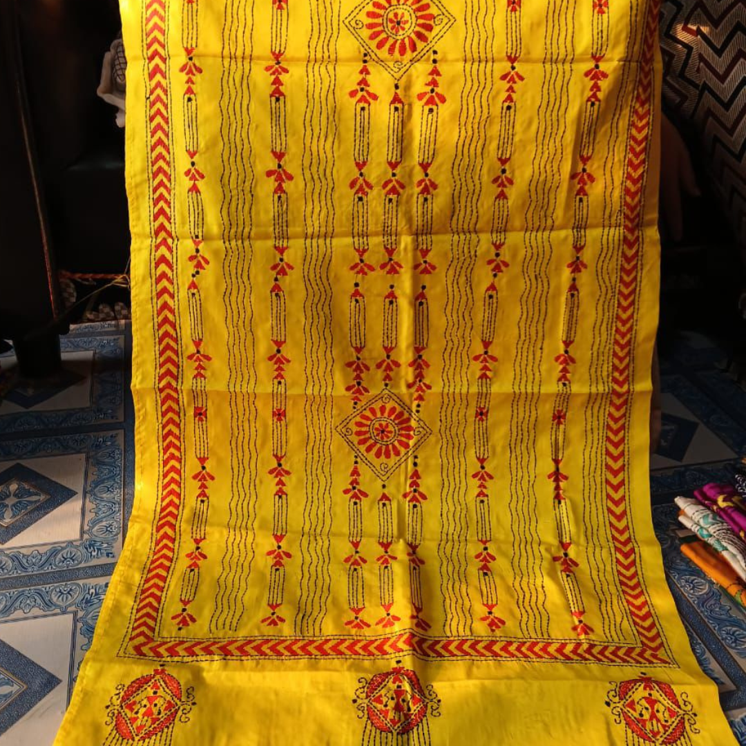 Blended Silk Kantha Stitch Stole – Handmade Embroidered Wrap - ArtisanSoul